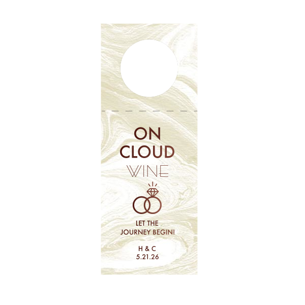 Our custom Marble Sand Wine Hang Tag with Shiny Merlot Foil has a Wedding Rings 2 graphic and is good for use in Wedding and Engagement themed parties and will give your party the personalized touch every host desires.