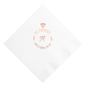 ForYourParty's personalized White Cocktail Napkin with Shiny Rose Gold Foil has a Diamond graphic and is good for use in Wedding, Bridal Shower themed parties and can be personalized to match your party's exact theme and tempo.