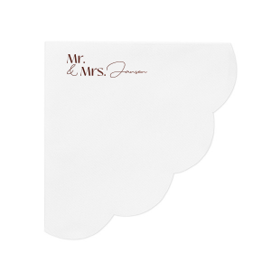 The Couples Script Last Name Napkin is perfect for any type of special event, from weddings, to engagements, anniversaries or even home entertainment. The elegantly designed napkin is customizable with your choice of text as well as foil and napkin color. Personalize your next momentous occasion to the fullest!