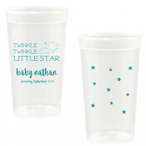 Customize this clear plastic cup for an adorable drink accessory to your star and moon, lullaby, or nursery rhyme themed baby shower! Add the baby's name and expected arrival for a unique touch the mother will love and guests can take home as personalized party favors. 
