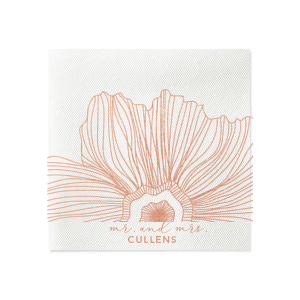 Custom White Linen Like Petite Napkin with Shiny Rose Gold Foil has a Large Flower graphic and is good for use in romantic and floral themed Wedding, Anniversary and Bridal Shower parties and will add that special attention to detail that cannot be overlooked.