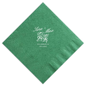 The Wedding Glass & Bow Napkin is the must have trendy design for your one of a kind lifetime event. Featuring hand-drawn bows tied around champagne glasses alongside customizable text in your choice of styles and colors to best personalize to your tastes.