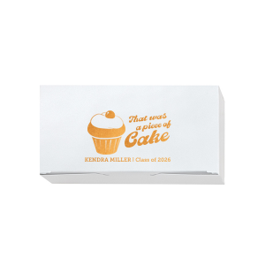 Package your pride with the Piece of Cake Grad Box, personalized with the graduate's name and graduation year, paired with a sweet cupcake graphic and the reassuring phrase "That was a piece of cake." An adorable way to celebrate their effortless success.