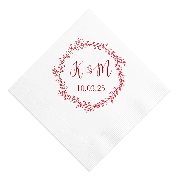 Encapsulate matrimonial elegance with the Simple Wreath Wedding Napkin, where a delicate leaf wreath tenderly encircles the couple's initials and special date. This design exudes a quiet grace, perfect for complementing the refined ambiance of your wedding day.