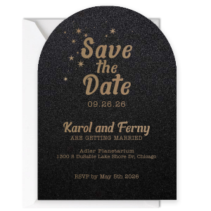 Our custom arch save the date invitation features star designs for the astrological couple. Personalize this arch save the date invitation with dates, names, and the location of your wedding. 