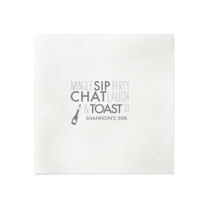 Celebrate every moment with the Mingle, Sip, Party, Toast To Napkin, a dynamic design where bold words leap off the fabric, complemented by an exuberant champagne bottle illustration. This napkin promises a whirlwind of laughter, conversation, and clinking glasses at any festive gathering.