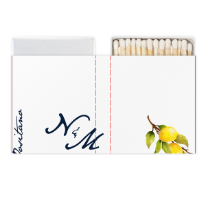 Give your guests a memorable wedding favor with this matchbox! Featuring a watercolor lemon graphic, this custom matchbox can be personalized with the date and location of your wedding. 