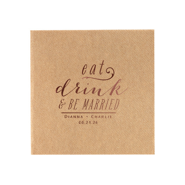 Bring the cheer with the Joyful Stacked Eat Drink & Be Married Wedding Napkin! This whimsically stacked design blends a sassy lowercase, bouncy script, and bold capital letters. It's topped off with the couple's names and date, infusing the napkin with a personal, joyous vibe.