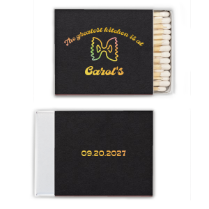 Add a dash of fun flair to your kitchen or housewarming with the Culinary Charm Bowtie Pasta Matchbook, featuring the playful declaration "the greatest kitchen is at" above your name, all in a vintage-inspired font, and completed with a whimsical bowtie pasta graphic.