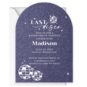 This custom invitation is the perfect way to invite people to your bachelorette party! Adorned with disco balls, the Last Disco Bachelorette Invitation will set the mood for your retro themed bachelorette party. 
