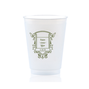 ForYourParty's personalized Matte Army Green Ink 12 oz Frost Flex Cup with Matte Army Green Ink Cup Ink Colors has a Crest Regal graphic and is good for use in Floral, Wedding themed parties and can't be beat. Showcase your style in every detail of your party's theme!