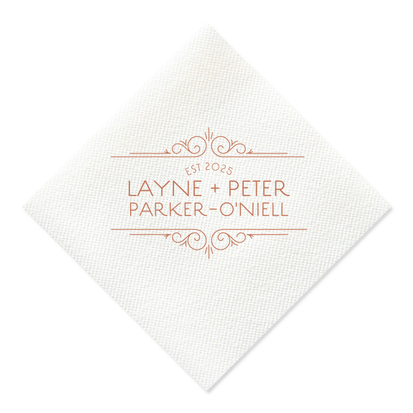 Step back into an era of elegance with the Vintage Deco Frame Napkin, featuring an exquisite Art Deco frame that spotlights the couple's names and wedding year. Each detail swirls together, drawing eyes to the heart of your timeless celebration.