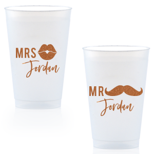 Our beautiful custom Copper Ink 9 oz Frost Flex Cup with Copper Ink Cup Ink Colors has a Lips Solid graphic and a Mustache 2 Solid graphic and is good for use in Birthday, Fashion, Father's Day themed parties and will look fabulous with your unique touch. Your guests will agree!