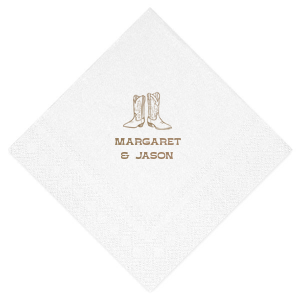 Step into matrimonial bliss with the Cowboy Boots Union Napkin, personalized with the couple's names beneath a charming graphic of a pair of cowboy boots. A perfect touch for a wedding with rustic charm or country flair.