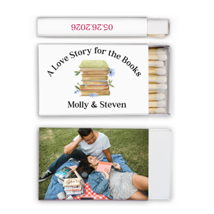 Ignite the magic of your love narrative with the Love Story Book Stack Matches, adorned with "A Love Story for the Books" above an illustrative stack of books blooming with flowers. Personalize with the couple's names beneath the image, and choose a special photo for the reverse side. The spine of the matchbook elegantly presents the date, creating a memorable token of your special day.