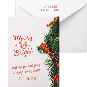 Personalized White Custom Photo Large Note Card with Matte Poppy Ink Digital Print Colors and Matte Lipstick Red Ink Digital Print Colors has a Merry and Bright graphic and is good for use in Christmas, Holiday, Stars themed parties and will add that special attention to detail that cannot be overlooked.