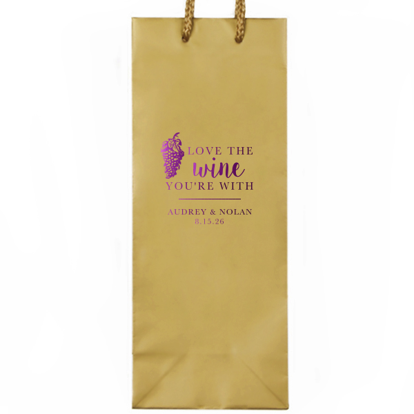 ForYourParty's personalized White Wine Gift Bag with Shiny Amethyst Foil Color has a Grapes graphic and is good for use in Wine themed parties and will look fabulous with your unique touch. Your guests will agree!
