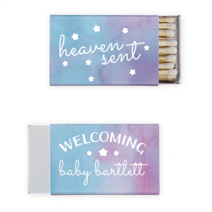 Unleash a spark of celestial charm with the Heaven Sent Baby Shower Matchbox. "Heaven Sent" and stars adorn the front, embodying that perfectly timed gift from above. Flip it for a warm “Welcoming” the baby's arrival, with the little one's name surrounded by stars. Perfect for adding an ethereal memory to your celebration!