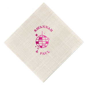 Dance under the stars with ForYourParty.com's 'Retro Wedding Disco Ball Napkin,' foil-printed with a chic disco ball and twinkling stars. Add a touch of vintage glamour to your special day with space for the couple's names, ensuring every detail of your retro wedding shines as bright as your love.