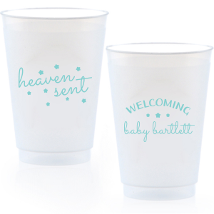 Sip from the stars with the Heaven Sent Baby Shower Cup. "Heaven Sent" and stars dazzle on the front, symbolizing that perfect gift from above. The reverse warmly welcomes the baby's arrival with their name surrounded by stars, making each sip an ethereal celebration of joy!