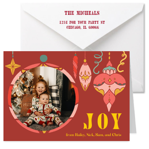 Send a bold and retro Christmas Card this holiday season. Featuring illustrated ornaments, this card will be the best looking holiday card on Grandma's mantel. 