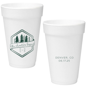 Kick off your lifelong adventure with the Adventure Begins Wedding Cup. Featuring a pine tree-framed hexagon and a playful ribbon announcing "The adventure begins," this design captures the thrill of new beginnings. Perfect for couples ready to explore life together.