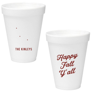 celebrate the autumn season with the Happy Fall Y'all Cup. Printed in your choice of cup style and ink color, make your family gatherings all the more personal this season.