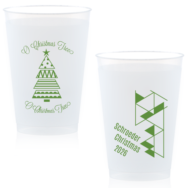 Our personalized Matte Moss Green Ink 16 oz Frost Flex Cup with Matte Moss Green Ink Print Color has a Geo Christmas Tree 2 graphic and a Triangles2RSVP graphic and is good for use in Lovely Press themed parties and will make your guests swoon. Personalize your party's theme today.