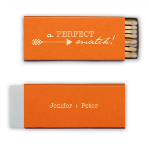 The Arrow Matchbox embodies the thrill of a perfect pairing, featuring a dynamic right-facing arrow that zeroes in on the word 'MATCH' with playful precision. The couple's names on the reverse side add a personalized touch, making these matches a hit for any love-struck celebration.