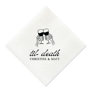 The design of Til Death Toast Napkin will be sure to raise glasses and spirits! Adorned with two skeletal hands clinking wine glasses above personalized text, they are perfect for seasonal weddings or Halloween events.