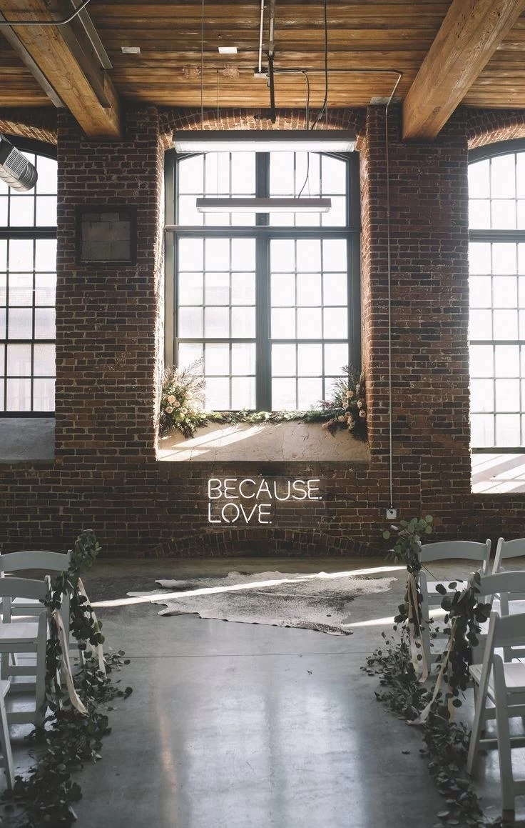 neon wedding sign as wedding focal point, "because love"