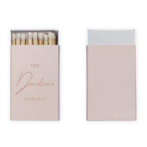 Celebrate your love with a spark of style using the Boho Terracotta Elegant Wedding Matchbook from the chic and moody fall wedding collection. The word "The" introduces your union in a distinguished serif font, leading to your shared last name in a flowing script. Complete this personalized piece with your wedding date, all set against the backdrop of warm, earthy tones.