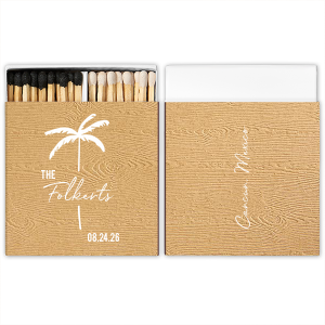Your guests will be impressed by the tropical Palm Tree Wedding Matchbox at your next event! The wood textured paper gives it a natural feel that adds another touch of uniqueness to your keepsakes. Customize the text in your choice of fonts and colors to best match the vibe of your summertime bash.
