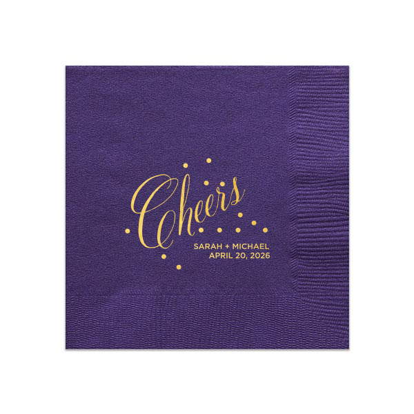 Toast to joy with the Cheers Bubble Napkin where effervescent dots frolic around a spirited 'Cheers' in whimsical script. Adorned with the couple's names and event date, these napkins burst with elegance—ideal for weddings and celebratory toasts.
