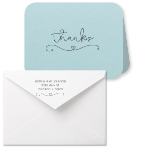 Express your gratitude with the Heart Flourish Thank You Card, featuring a heartfelt 'thanks' in flowing script, underscored by an enchanting flourish with a central heart. This sweet design invites a personal touch within, for a charming gesture of appreciation.
