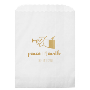 Personalized White Party Bag with Satin 18 Kt. Gold Foil Color has a Angel 2 graphic and is good for use in Christian, Christmas, Holiday themed parties and will impress guests like no other. Make this party unforgettable.