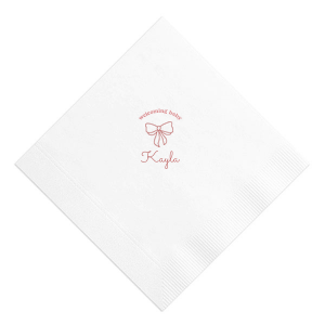 Celebrate your bundle of joy with the Baby Shower Bows Welcome Napkin, elegantly announcing 'Welcoming Baby' above a chic, minimal bow graphic. Personalize with your new arrival's name for a trendy touch at your baby shower or welcome home event.