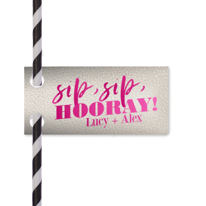 Our custom Leather Like Pearl Double Point Straw Tag with Shiny Fuchsia Foil can be customized to complement every last detail of your party.