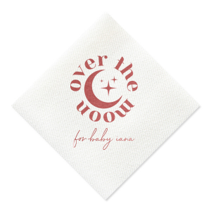 Personalize a celestial baby shower napkin! Featuring a star an moon graphic, you can customize this baby shower napkin with the name of the baby.