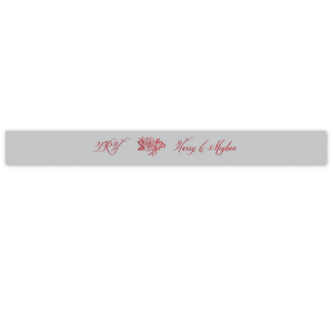 Our custom Sterling Silver 7/8" Satin Ribbon with Shiny Merlot Foil has a Peony Accent graphic and is good for use in Floral and Royal type parties, especially weddings and can be personalized to match your party's exact theme and tempo.