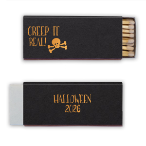 Keep the spirit alive with the Creep it Real Skull Matchbox. Featuring a lively skull and crossbones with the cheeky phrase “Creep it Real," it's perfect for adding intrigue. The reverse reads "Halloween," with space for adding your own personal touch to your eerie festivities! 
