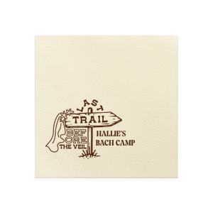 Embark on the ultimate pre-wedding hike with the Camp Bachelorette Last Trail Napkin, featuring a trailhead arrow donning a bridal veil and the playful words "Last Trail Before the Veil." Personalize with the bachelorette's name for a whimsical touch to your wilderness celebration.