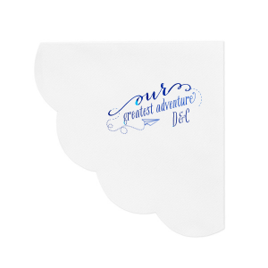 Launch your celebration into a new chapter with the Our Greatest Adventure Couples Napkin. Featuring an imaginative paper airplane graphic, the design soars from "our" into a vibrant swirl around "greatest adventure," spotlighting the couple's initials. It's all about energy, movement, and journeying together!