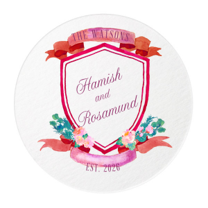 Our custom White Custom Photo Round Coaster with Matte Plum Ink Digital Print Colors and a Lush Ribbon and Floral Crest can be customized to complement every last detail of your party.