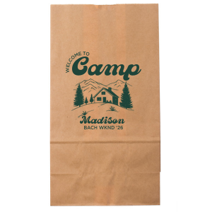 Send home memories with the Welcome to Camp Bachelorette Gift Bag. The scenic design is ideal for destination bachelorette events but is suitable for any outdoorsy occasion. Perfect for sending home goodies and party favors, the customizable gift bag makes for a wonderful memento of your momentous party occasion. 