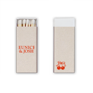 Choose a matchbox as cute as you with the Cherry Pair Matchbox. The simple design features personalized text on the front and a solitary pair of cherries on the backside. Available in your choice of box color and foil stamp color, the product is easy to customize to your liking and match your unique taste.