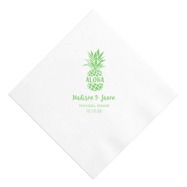 Savor the essence of island life with the Aloha Pineapple Napkin. A cheerful pineapple stamped with 'Aloha' sets a laid-back, tropical scene, while the couple's names and date below promise a future as bright as Hawaiian sunshine