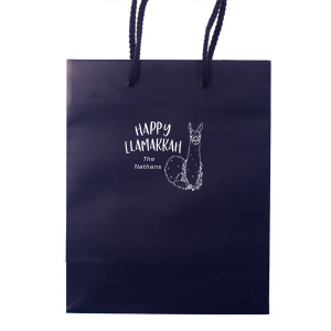 The ever-popular Metallic Blue Gift Bag with Matte White Foil has a Party Llama graphic and cute Hanukkah pun and is good for use in Hanukkah themed parties and will add that special attention to detail that cannot be overlooked.