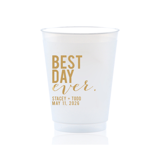 Raise a toast with the Best Day Ever Block Names Frosted Cup, where celebration is in every sip. It boldly declares "BEST DAY" in large, all-caps block letters, dramatically over "ever," in playful script. This emphatic statement is underscored by the couple's names and event date, making every drink a festive cheer.