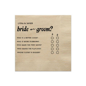 Play a fun wedding game with your guests! Who's most likely to or the wedding shoe game is printed on this custom napkin. Test your guests knowledge at the wedding, bachelorette party, or engagement party!